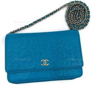 Authentic CHANEL Lambskin Camelia Wallet-on-the-chain WOC Crossbody Flap Bag